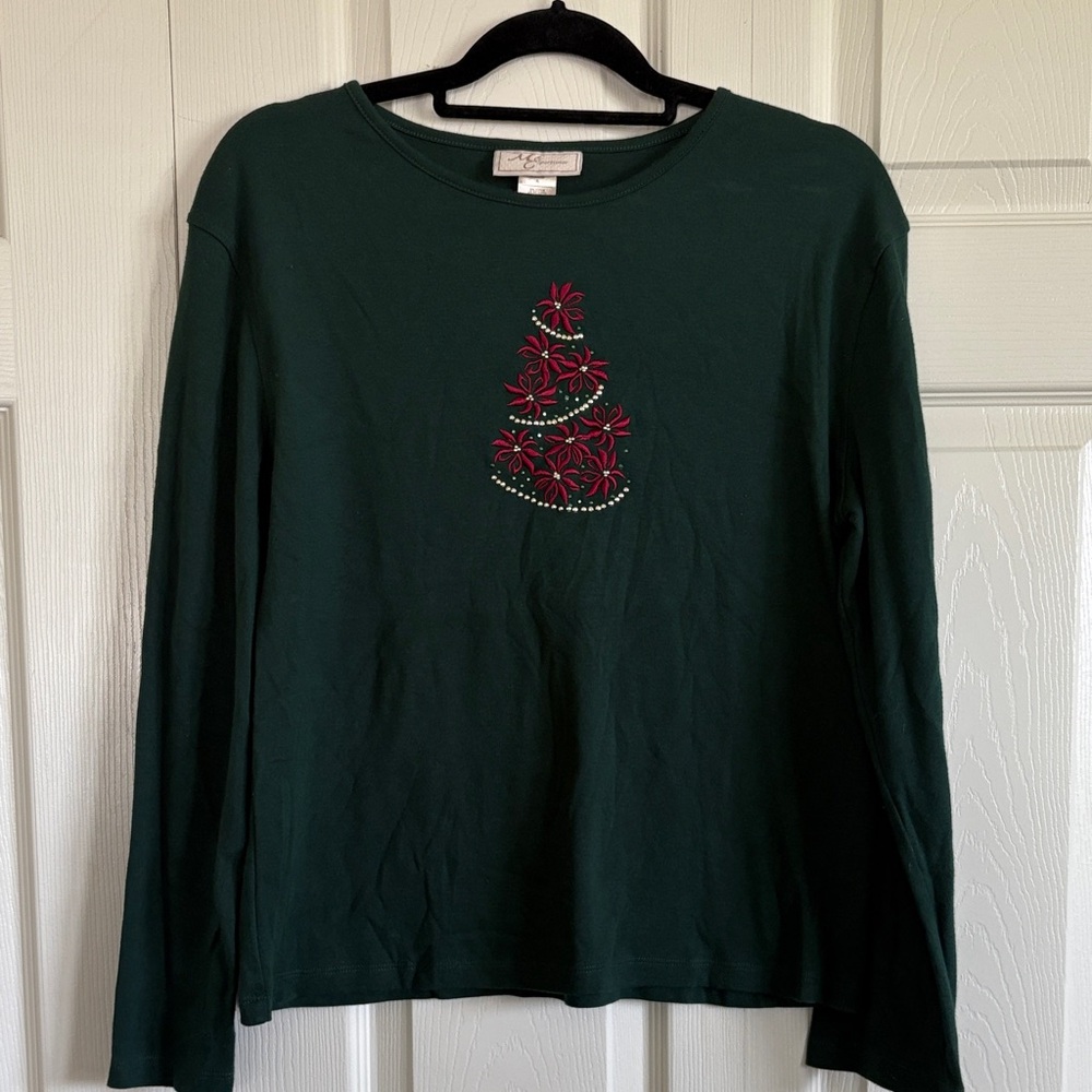 ❤️ Green Women Christmas Holiday top XL Long sleeve burgundy poinsettia tree